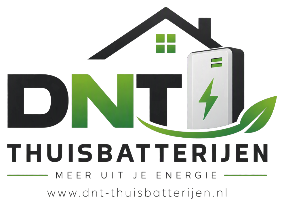 Logo DNT Thuisbatterijen: huis met thuisbatterij, Meer uit je energie