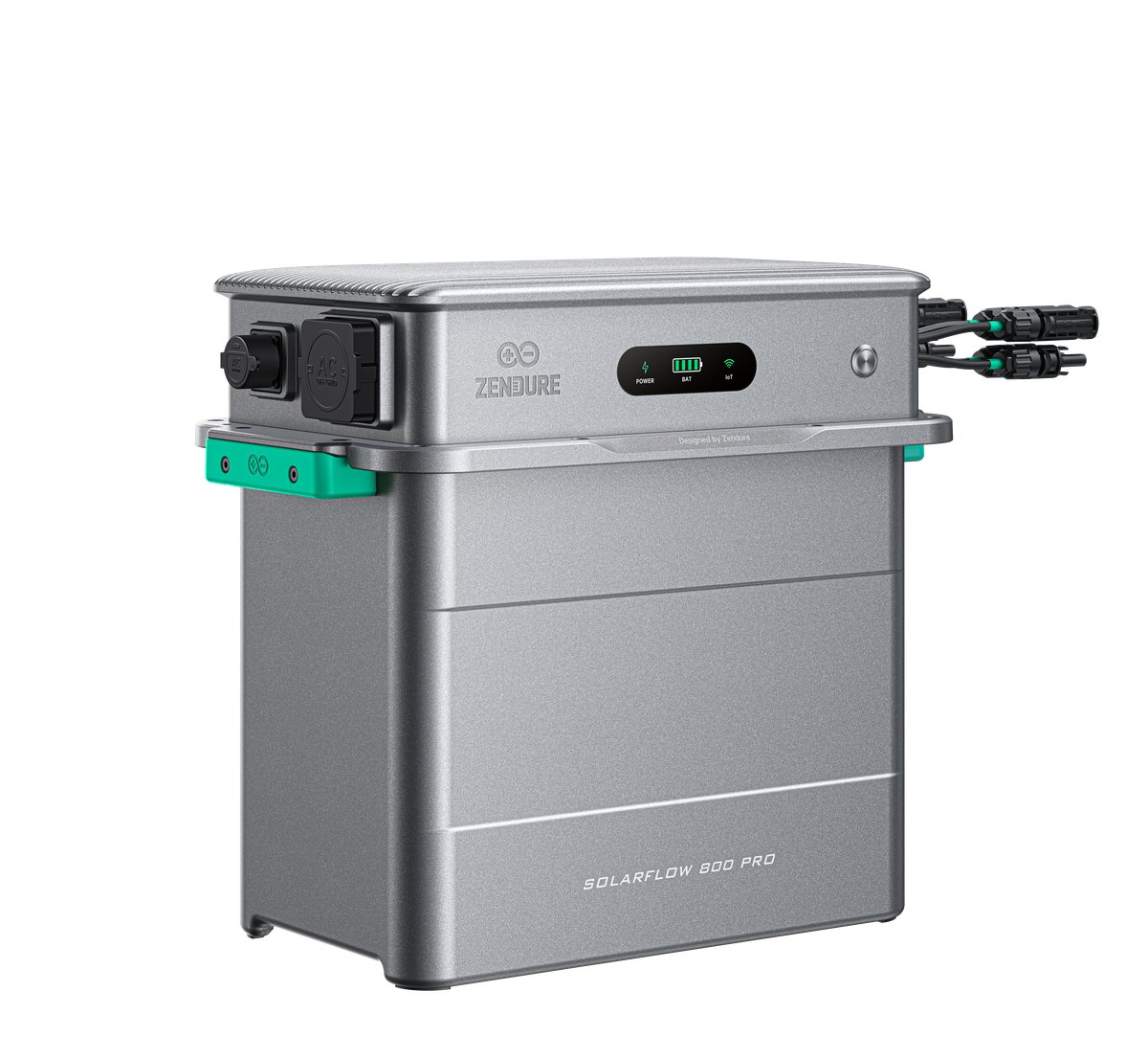 Zendure SolarFlow 800 Pro thuisbatterij 1,92 kWh, schuin vooraanzicht met zonnepaneelkabels